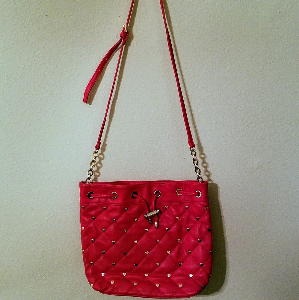 Red Faux Leather Heart Studded Bag